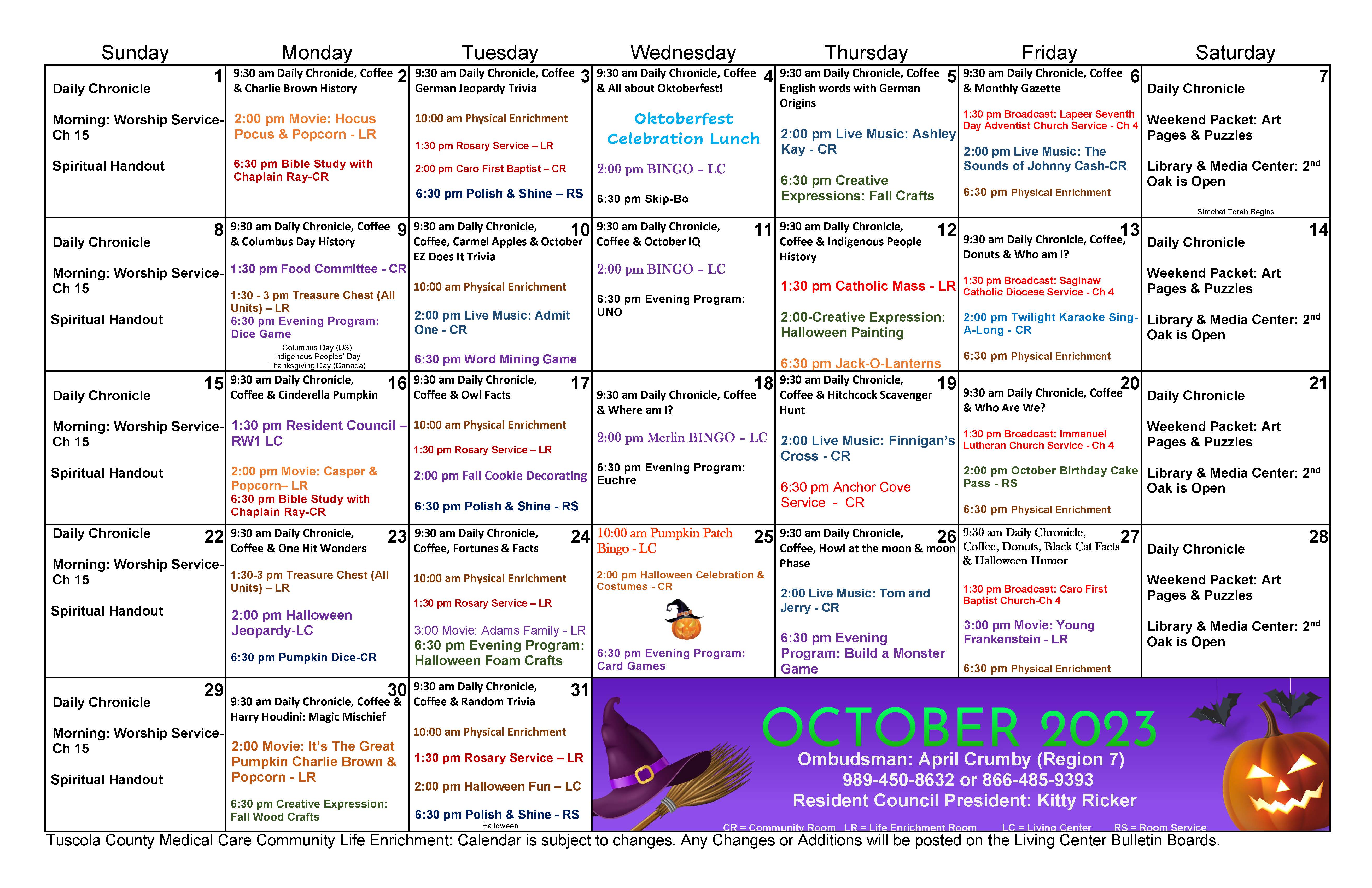 October Activities Calendar