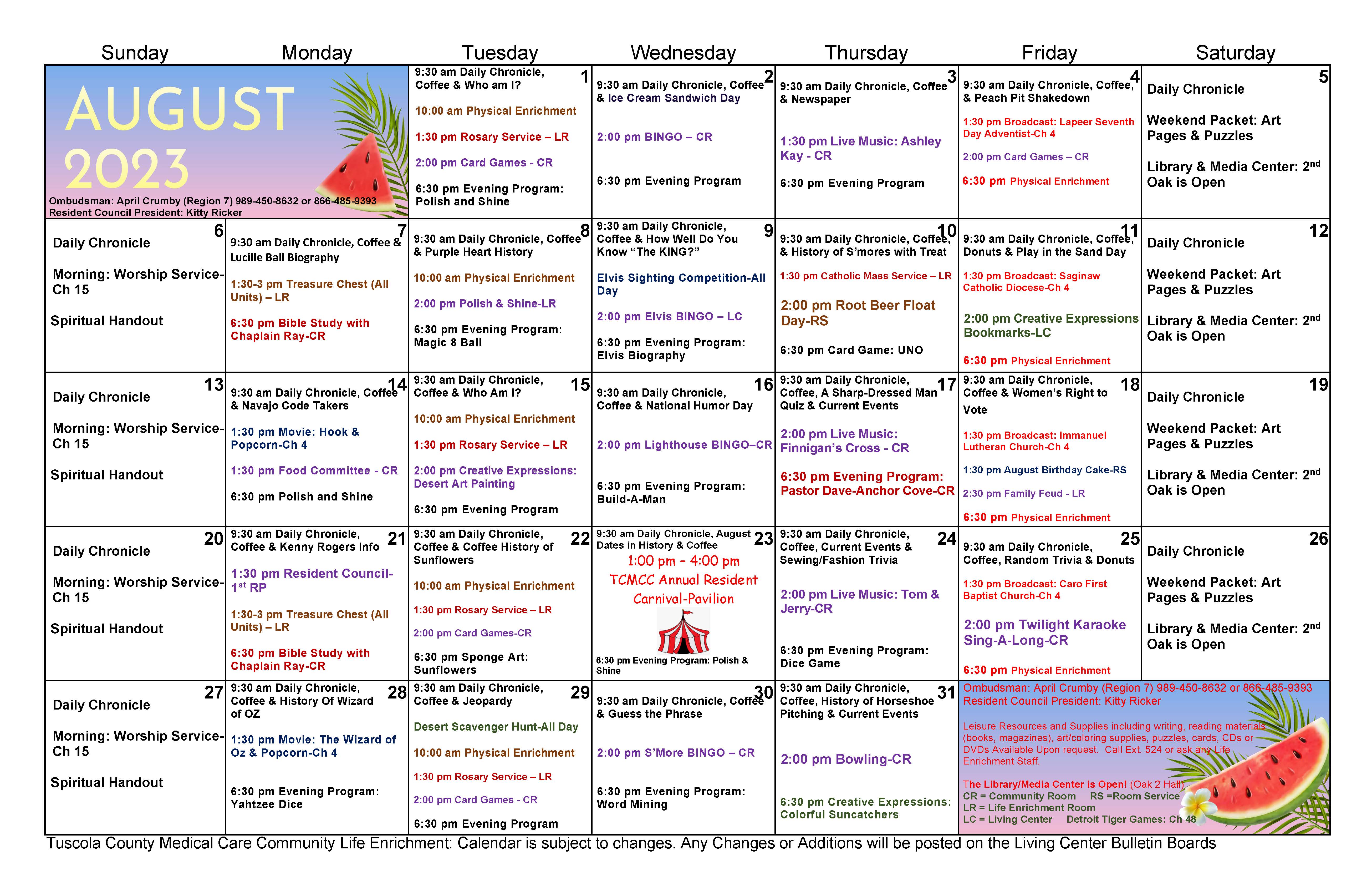 August Activities Calendar