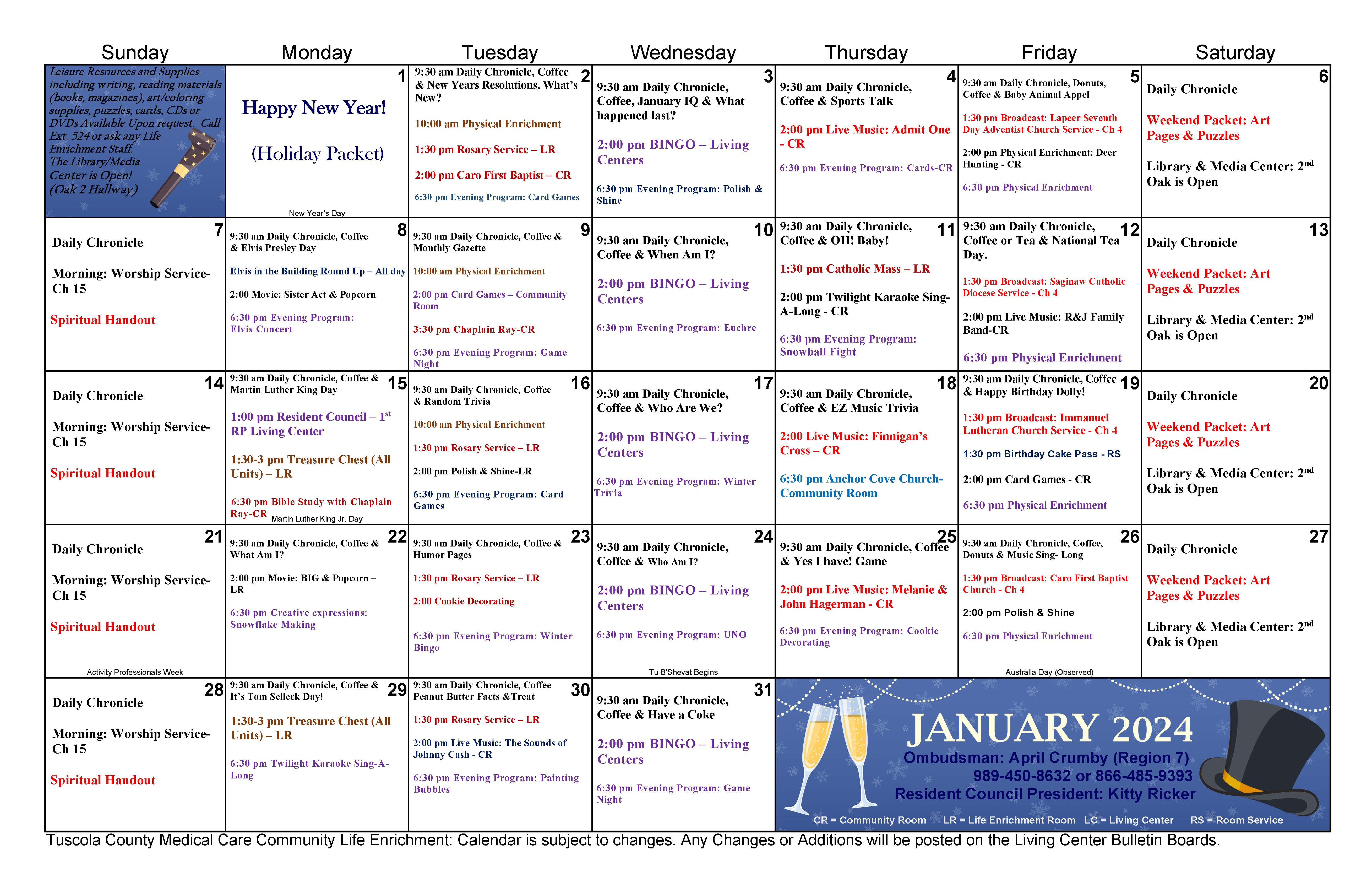 January Activities Calendar