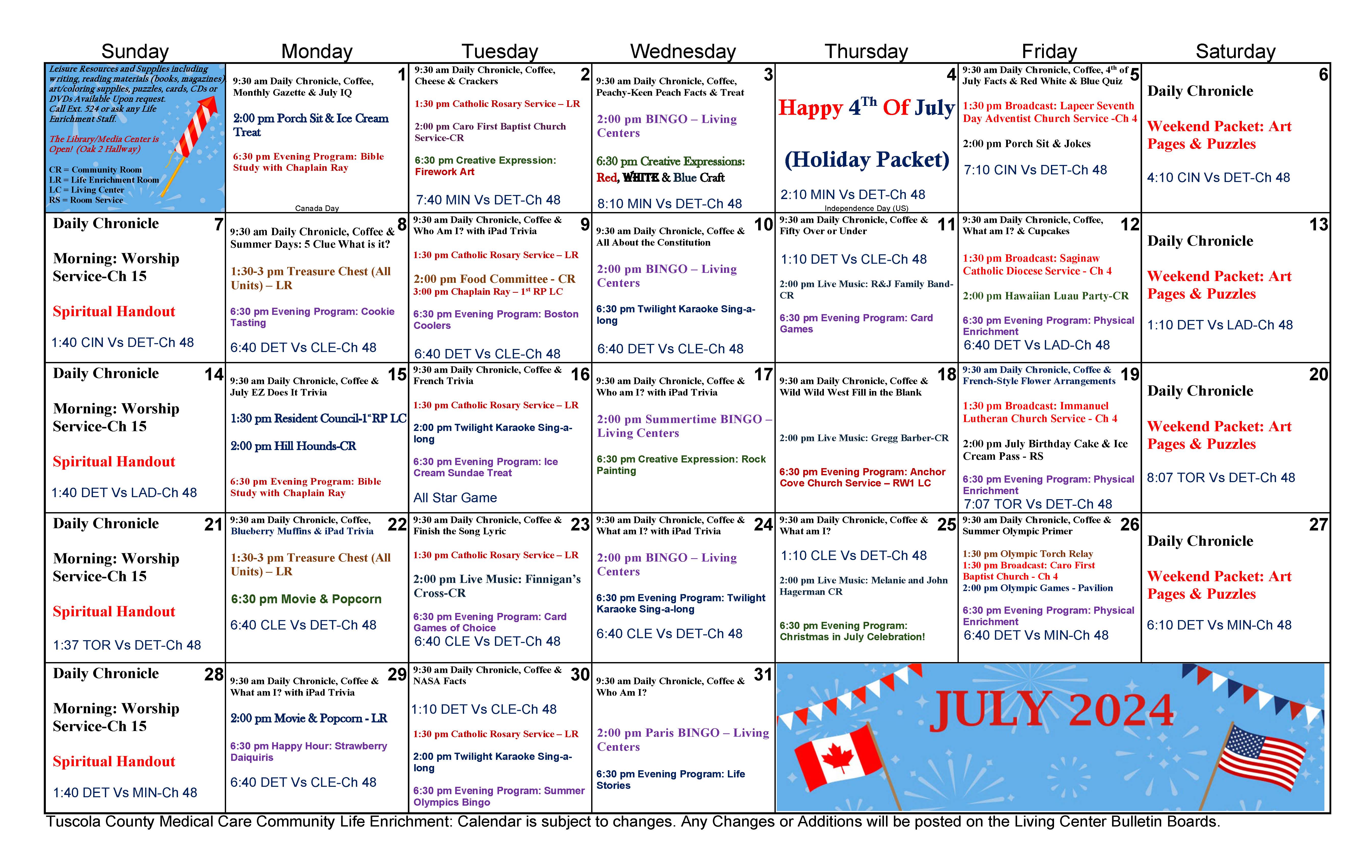 july Activities Calendar
